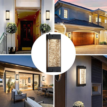 Black Wall Sconce with K9 Crystal Bubble and Dusk to Dawn Sensor, Exterior LED Wall Mounted Light, Modern Porch Lantern, Light Fixture for Indoor and Outdoor