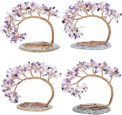 mookaitedecor Natural Amethyst & Rose Quartz Crystal Money Tree Agate Slice Base Feng Shui Bonsai Crystal Tree for Wealth Luck Desk Decor, 4.5-5.2 Inch High