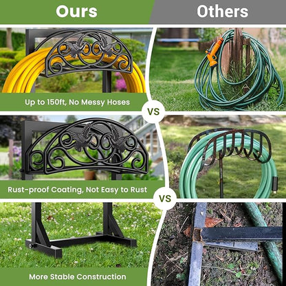 Garden Hose Holder with 4 Spikes, Water Hose Holders for Outside, 150ft Garden Hose Storage Heavy Duty Hose Hanger Metal Hose Stand Detachable Hose Reel Rack Organizer