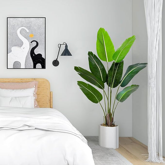 4 Ft Bird of Paradise Artificial Plant, Artificial Tree Faux Tropical Plant Palm Tree with Leaves Trunks Indoor Outdoor Faux Banana Leaf Tree for Home Decor Living Room Office