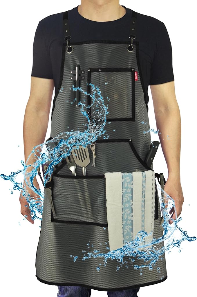 Waterproof Work Apron for Chefs, Hair Stylists, Artists, Gardeners, Adjustable, Multi-Pockets, TPU Mesh Fabric, Plus Size