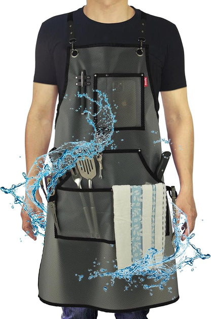 Waterproof Work Apron for Chefs, Hair Stylists, Artists, Gardeners, Adjustable, Multi-Pockets, TPU Mesh Fabric, Plus Size