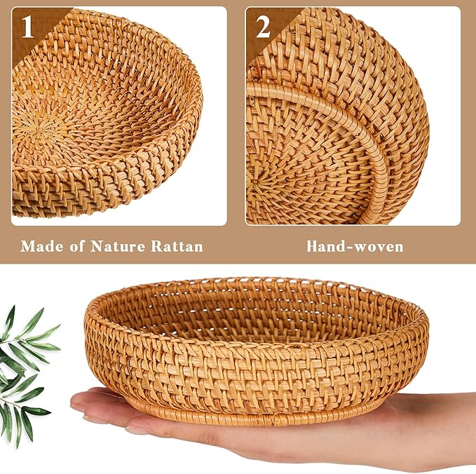 Hushee 6 Pcs Small Round Keys Basket for Entryway Woven Bowl Basket Rattan Wicker Round Tray Organizing for Keys Wallet Cell Phone Tabletop Serving Fruit Food Holder Decorative Table Storage (Brown)