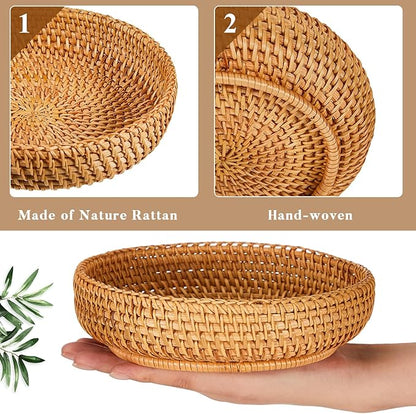 Hushee 3 Pcs Small Round Keys Basket for Entryway Woven Bowl Basket Rattan Wicker Round Tray Organizing for Keys Wallet Cell Phone Tabletop Serving Fruit Food Holder Decorative Table Storage