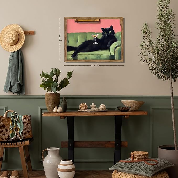 Framed Black Cat with Martini Wall Art Print, Whimsical Cute Cat Decor Paintings, Cocktail Art Bar Cart Decor, Funny Animal Canvas Pictures Aesthetic for Home Living Room Bedroom – 8x10 inch