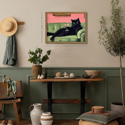 Framed Black Cat with Martini Wall Art Print, Whimsical Cute Cat Decor Paintings, Cocktail Art Bar Cart Decor, Funny Animal Canvas Pictures Aesthetic for Home Living Room Bedroom – 8x10 inch