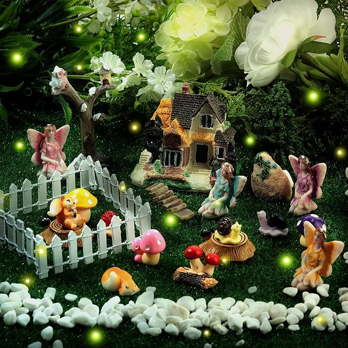 Gejoy 31 Pieces Fairy Garden Accessories Kit Miniatures House Supplies Fly Wing Dollhouse Gifts for Home Garden Lawn Decoration, House Style Random