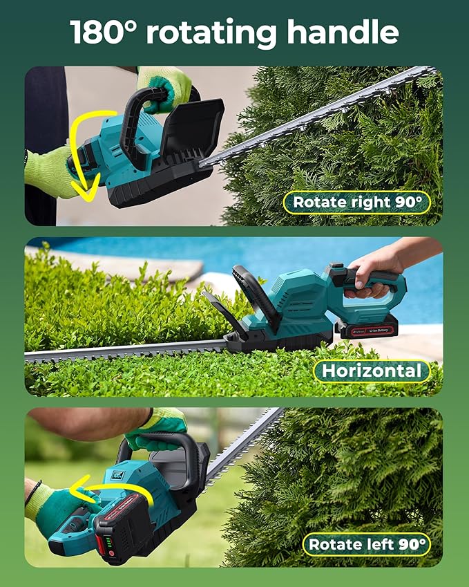 Cordless Hedge Trimmer 20-Inch with Battery Indicator & 2X 2000mAh Batteries, 180° Rotatable Head, 3000RPM Electric Brush Cutter for Hedges, Shrubs, Branches