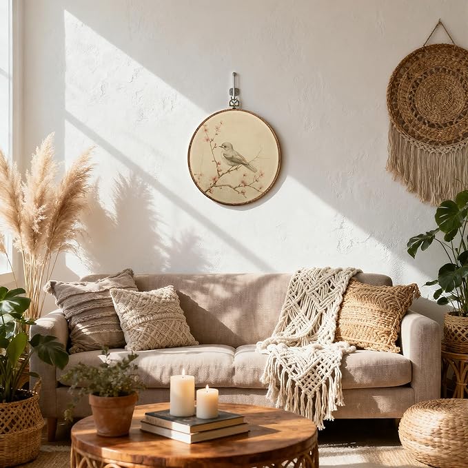 DEQSX Vintage Bird Round Wall Art, Rustic Neutral Cottagecore Farmhouse Bird Botanical Wall Decor Canvas Prints Posters for Home Bedroom Living Room, 10x10 Inches
