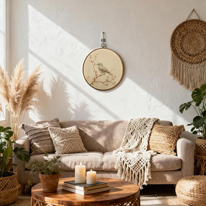DEQSX Vintage Bird Round Wall Art, Rustic Neutral Cottagecore Farmhouse Bird Botanical Wall Decor Canvas Prints Posters for Home Bedroom Living Room, 10x10 Inches