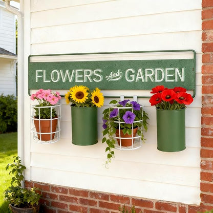 Vintage Metal Hanging Flower Pot Rustic Wall Mounted Planter, Decrative Farmhouse Plants Holder Succulents Tubs for Garden Railing Fence Patio Yard Outdoor Decor