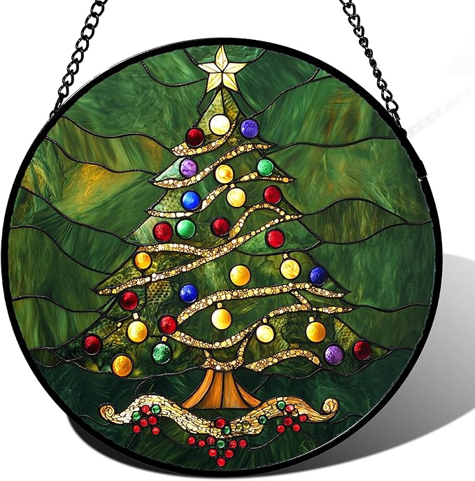 Stained Glass Window Hanging - Green Christmas Tree with Colorful Lights Suncatcher for Doors Home Christmas Decoration Sun Catcher Thanksgiving New Year Birthday Gifts for Women Men Mom Nana 7.8 in