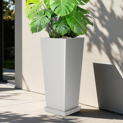 Set of 2 Tall Planters for Outdoor Plants with Drainage Tray, 24" Large Flower Pots for Front Porch Decor, Patio, Garden (White 24")