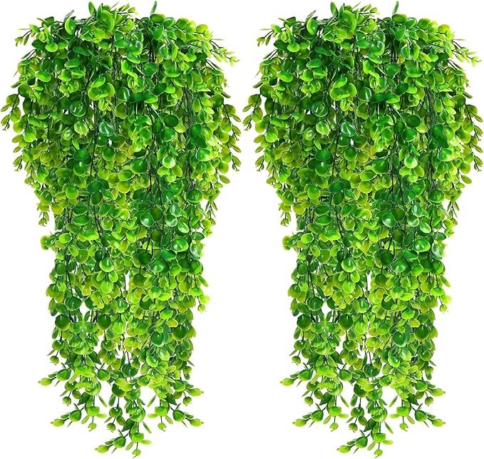 Fake Plants 2 Pack Artificial Hanging Plants, Faux Eucalyptus Plants Plastic Leaves Greeny Decor for Indoor Outdoor Walls, Patio Decor Porch Decor, Weddings and Halloween Christmas Decoration