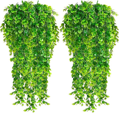 Fake Plants 2 Pack Artificial Hanging Plants, Faux Eucalyptus Plants Plastic Leaves Greeny Decor for Indoor Outdoor Walls, Patio Decor Porch Decor, Weddings and Halloween Christmas Decoration