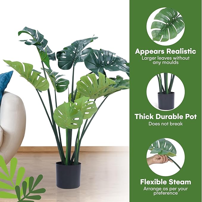 Flybold Artificial Monstera Plant - Fake Monstera Deliciosa Plant - 43 inches with 12 Large Leaves - Indoor/Outdoor Home or Office Decor - Odorless Tropical, Palm Tree Like Faux Plants