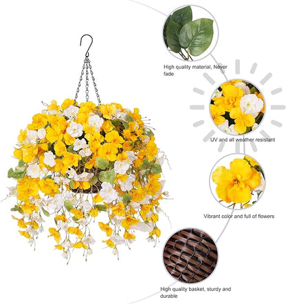 HyeFlora Artificial Fake Hanging Flower Plants Basket for Outdoors Decoration, Faux Silk Hibiscus Long Vines in Planter UV Resistant Realistic Flowers for Outside Patio Porch Home Decor (YellowWhite)
