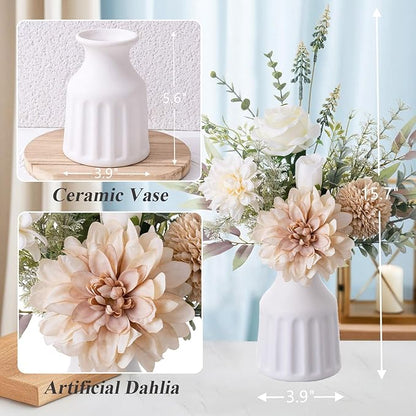 Fake Flowers in Vase, Artificial Flowers with Vase, 15.7'' Floral Arrangements for Dining Table Centerpiece Decor, Silk Roses & Faux Dahlia Bouquet for Farmfouse Kitchen Coffee Table Decor (Brown)