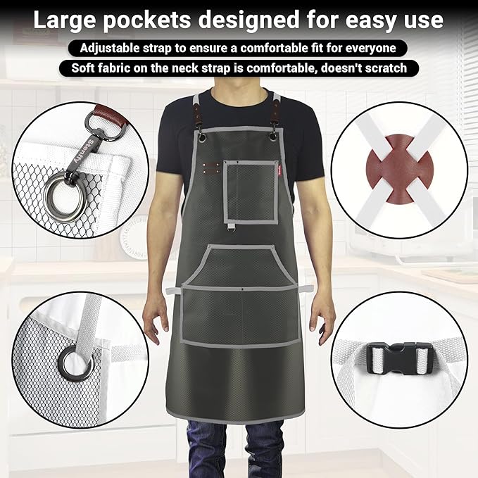 Waterproof Work Apron for Chefs, Hair Stylists, Artists, Gardeners, Adjustable, Multi-Pockets, TPU Mesh Fabric, Plus Size