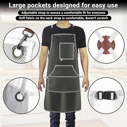 Waterproof Work Apron for Chefs, Hair Stylists, Artists, Gardeners, Adjustable, Multi-Pockets, TPU Mesh Fabric, Plus Size