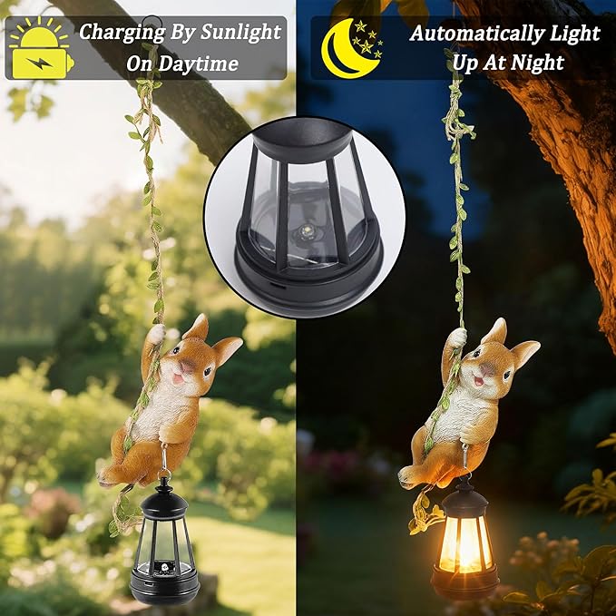 Solar Hanging Bunny Rabbit Statue, Outdoor Resin Animal Figurine with LED Lights for Garden, Fence, Porch, Patio, Yard Decor, Dusk to Dawn Auto On/Off