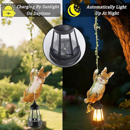 Solar Hanging Bunny Rabbit Statue, Outdoor Resin Animal Figurine with LED Lights for Garden, Fence, Porch, Patio, Yard Decor, Dusk to Dawn Auto On/Off