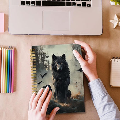 XPH Gothic Wolf Raven Spiral Notebook, Wolf Gifts, Crow Gifts Journaling Notebooks for Women, Dark Moody Wild Animal Hardcover Journals for Writing 160 Pages 5.5 x 8.3 Inch, Gothic Office Supplies