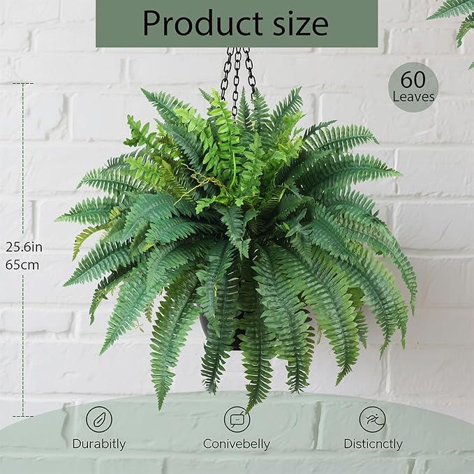 Fake Ferns Artificial Ferns for Outdoors Large Faux Ferns UV Resistance for outdoor Large Planter 25.6In Realistic Artificial Boston Fern Plants for Garden Balcony Terrace Decor，4Pack，60Leaves