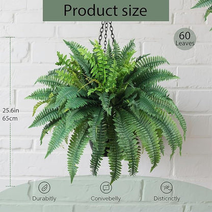 Fake Ferns Artificial Ferns for Outdoors Large Faux Ferns UV Resistance for outdoor Large Planter 25.6In Realistic Artificial Boston Fern Plants for Garden Balcony Terrace Decor，4Pack，60Leaves