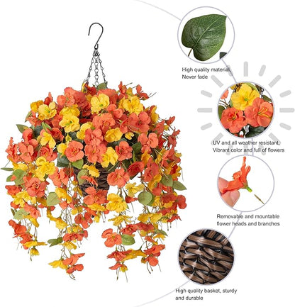 HyeFlora Artificial Fake Hanging Flowers Plants Baskets for Outdoor Decoration, 5Pcs Faux Silk Hibiscus Long Vines in Planter Look Real for Outside Home Porch Patio Garden (YellowOrange)