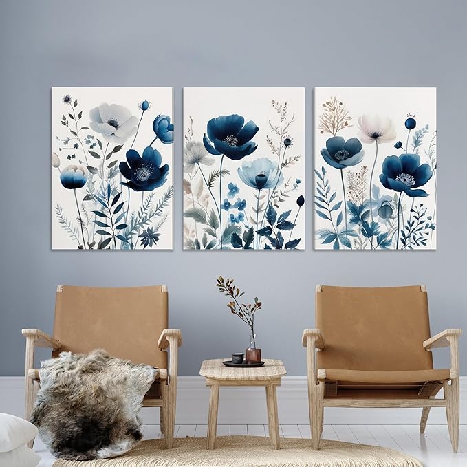 DUWQU 3 Pcs Blue Floral Canvas Wall Art, Elegant Navy Blue Wildflower Lily Daisy Wall Decor, Watercolor Botanical Flower Home Poster Art Prints for Living Room Bedroom Bathroom 12×16 Inches