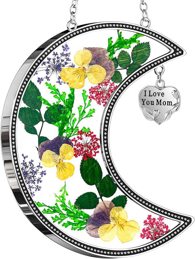 KY&BOSAM Moon Suncatcher Mom Gifts Stained Glass for Window Hangings Wind Chimes Decor with Pressed Real Flower and Metal I Love You Mom Heart Charm Birthday Gift for Women Mother`s Day Christmas