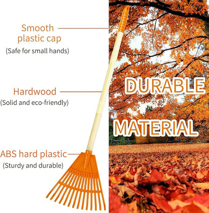 Kids Rakes, 4 Pieces 31" Heavy Duty Lawn Tool for Leaves, Child Size, Plastic Head & Wooden Handle, Gardening Tools for Boys Girls Gifts Age 3 Year Old and Up