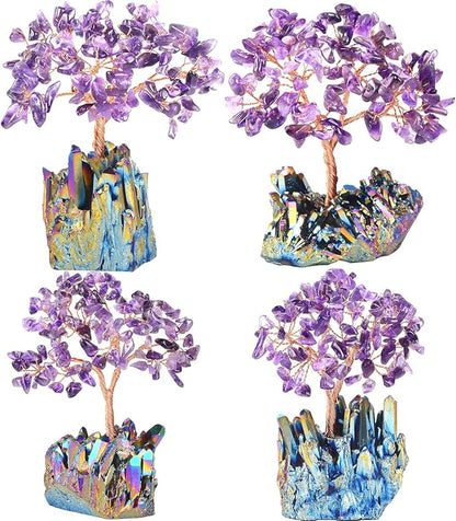 Natural Amethyst Crystal Tree of Life with Quartz Cluster Rainbow Titanium Crystal Base,Chakra Energy Healing Feng Shui Bonsai Money Tree Spritual Gift for Wealth and Luck