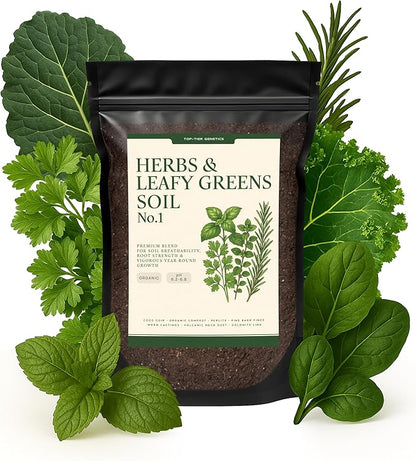 Herbs and Leafy Greens Soil – Premium Organic Nutrient-Rich Potting Mix for Basil, Mint, Lettuce, Spinach, Arugula & More – Fast Growth, Healthy Roots, Ready to Use! (4 QTS)