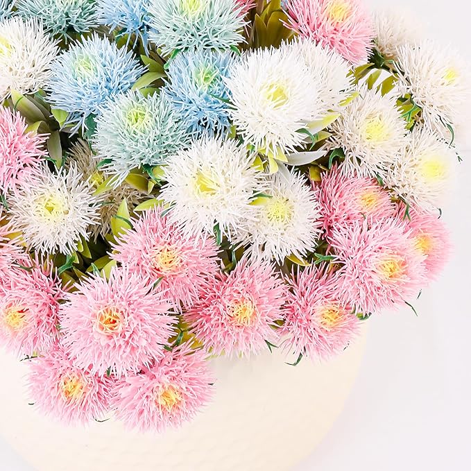 FGSAEOR 12 Bundles Artificial Dandelion Flowers for Outdoor Indoor, Faux Flower with Eucalyptus Leaves Fake Plants Greenery, Garden Home Decor