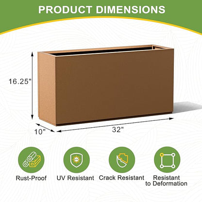 Metal Planter Box Rectangular Planter Box with Drainage Hole, Outdoor Large Planters, All-Weather Use, Rust-Resistance, for Flowers Plants, 32" L × 10" W × 16.3" H, Brown