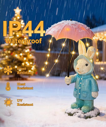 Solar Rabbit Garden Statue Outdoor Decor, Bunny Figurines Lights with Umbrella for Outside Yard Lawn Ornaments,Gifts for Mother's Day Birthday Easter Housewarming