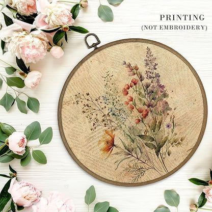 MAQIKA Boho Floral Framed Wall Art Decor, Vintage Floral Wall Art, Retro Wildflower Round Wall Hanging Decor, Framhouse Botanical Canvas Prints Wall Art for Bathroom Nursery Living Room, 10x10 Inch