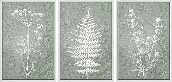 Ashbrook Framed Canvas Print Wall Art Set Green Forest Flower Plant Silhouette Nature Wilderness Illustrations Modern Art Rustic Chic Colorful for Living Room, Bedroom, Office - 24"x36"x3 White