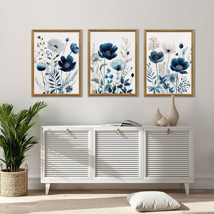 DUWQU 3 Pcs Blue Floral Canvas Wall Art, Wood Framed Navy Blue Wildflower Lily Daisy Wall Decor, Watercolor Botanical Flower Home Poster Art Prints for Living Room Bedroom Bathroom 16×24 Inches