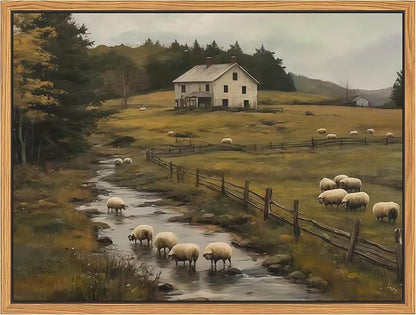 SAMHOU Floating Framed Canvas Wall Art, Vintage French Country Farmhouse Landscape Wall Decor, Rustic Meadow Flock of Sheep Poster Prints Picture for Living Room Bedroom Home Decor 16x24 inch