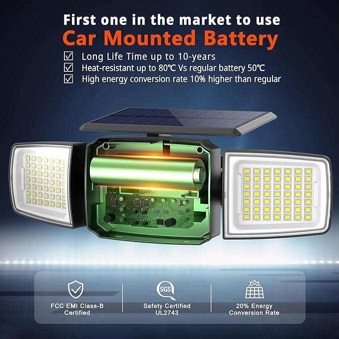 Solar Security Light Outdoor Super Bright LED w/Remote Control, Radar Motion Sensor Flood Light, 3 Heads 270° Wide Angle, IP65 Waterproof, 3 Modes (1 Pack)