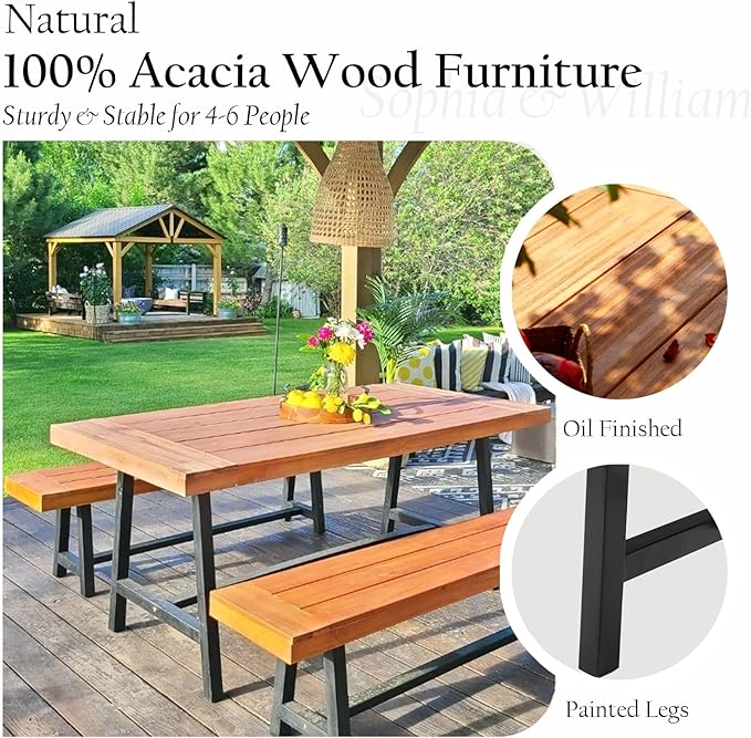 Sophia & William Acacia Wood Patio Dining Set with 1 Table and 2 Benches for 6, Oil Finished Tabletop and Spray Painted Legs, 3 Pieces Patio Dining Furniture for Porch Backyard, Teak and Black