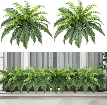 Luyue Fake Ferns Artificial Plants Sets of 2, 25" Artificial Boston Ferns for Outdoors Realistic Large Faux Fern Bush with 24 Fronds Hanging Plant for Front Porch Patio Outdoor/Indoor Home Decor