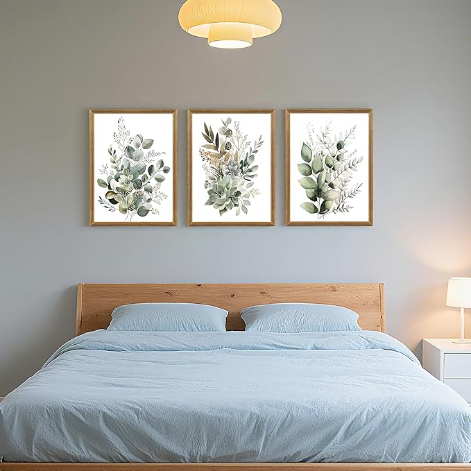FYLDPSB 3 PCS Framed Watercolor Floral Canvas Wall Art, Boho Sage Green Wildflower Wall Decor, Modern Flowers and plants Painting Print for Bedroom Living Room Bathroom Decorations 16''L x 12''W