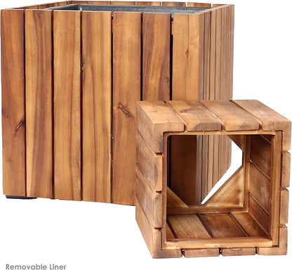Sunnydaze Indoor/Outdoor Wooden Planter Boxes - 2 Acacia Wood Square Plant Pots with Plastic Liners - Light Brown Stain