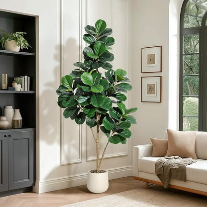 6 ft Fiddle Leaf Fig Tree Artificial with 108 Leaves - Realistic Faux Ficus Lyrata Trees in 9 in White Planter Pot, Indoor Fake Floor Plants for Home Office Living Room Decor, Housewarming Gift