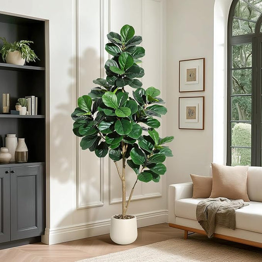 6 ft Fiddle Leaf Fig Tree Artificial with 108 Leaves - Realistic Faux Ficus Lyrata Trees in 9 in White Planter Pot, Indoor Fake Floor Plants for Home Office Living Room Decor, Housewarming Gift
