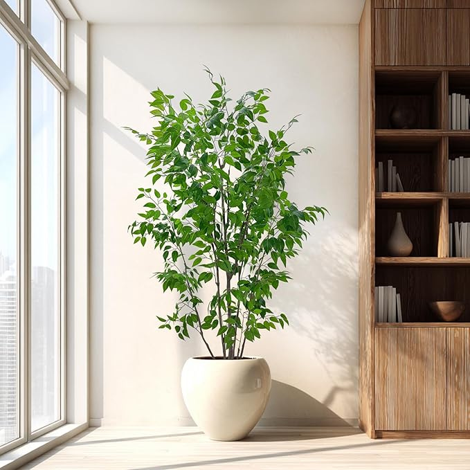 Artificial Ficus Tree with Green Leaves, 7ft Tall, Indoor Plant with Decorative Beige Planter